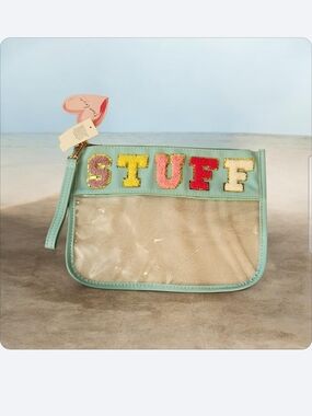 Mint Clear Wristlet Pouch with Colorful 'STUFF' Lettering